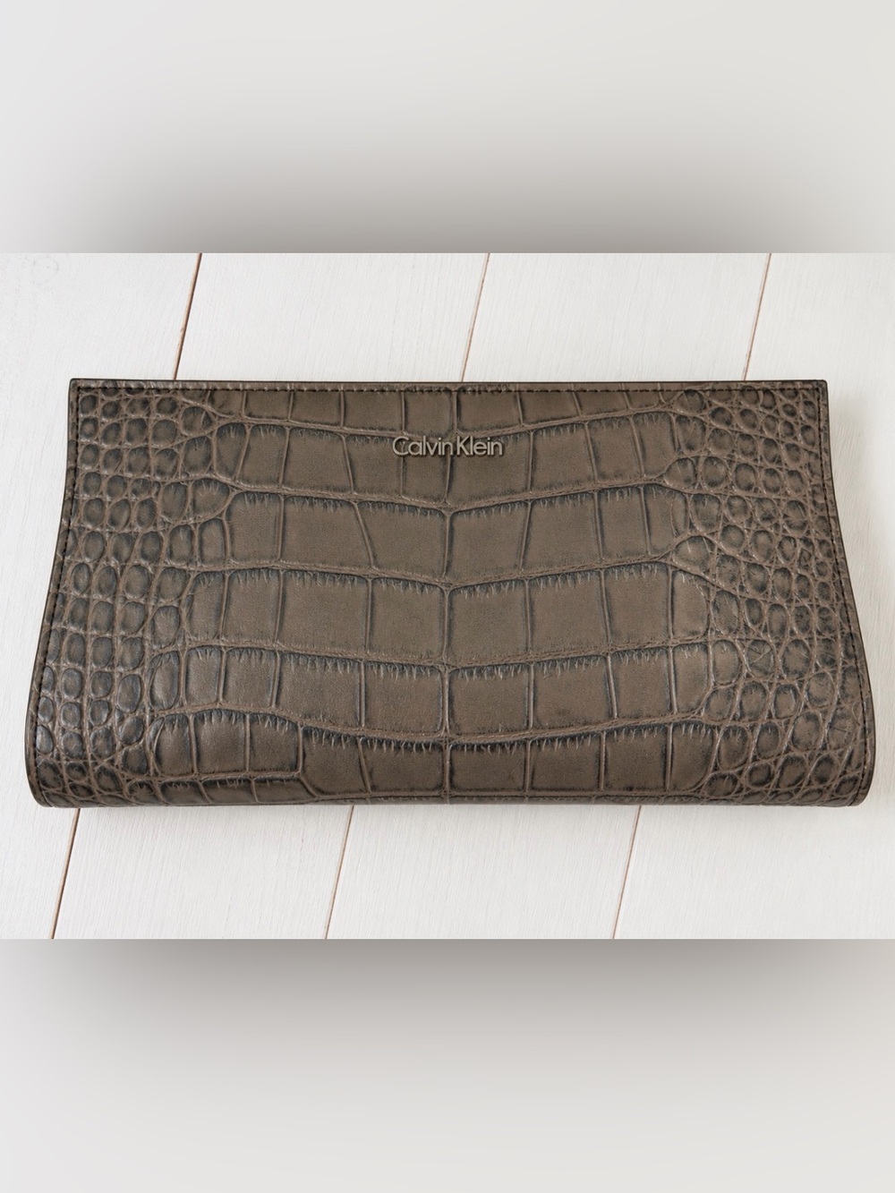 Calvin Klein Croc Embossed Clutch Bag Brown Gray Portfolio Handbag